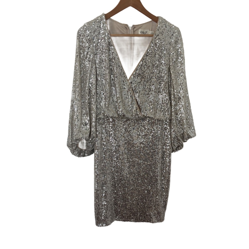 Eliza J Women Silver Sequin Balloon Sleeve V-Neck Faux Wrap Cocktail Dress 10